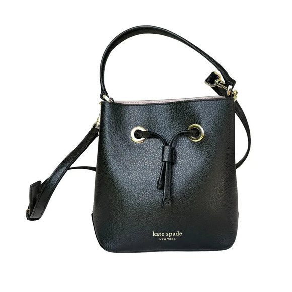 Kate Spade New York Eva Small Bucket Crossbody Bag Black Tan Drawstring - Picture 1 of 8